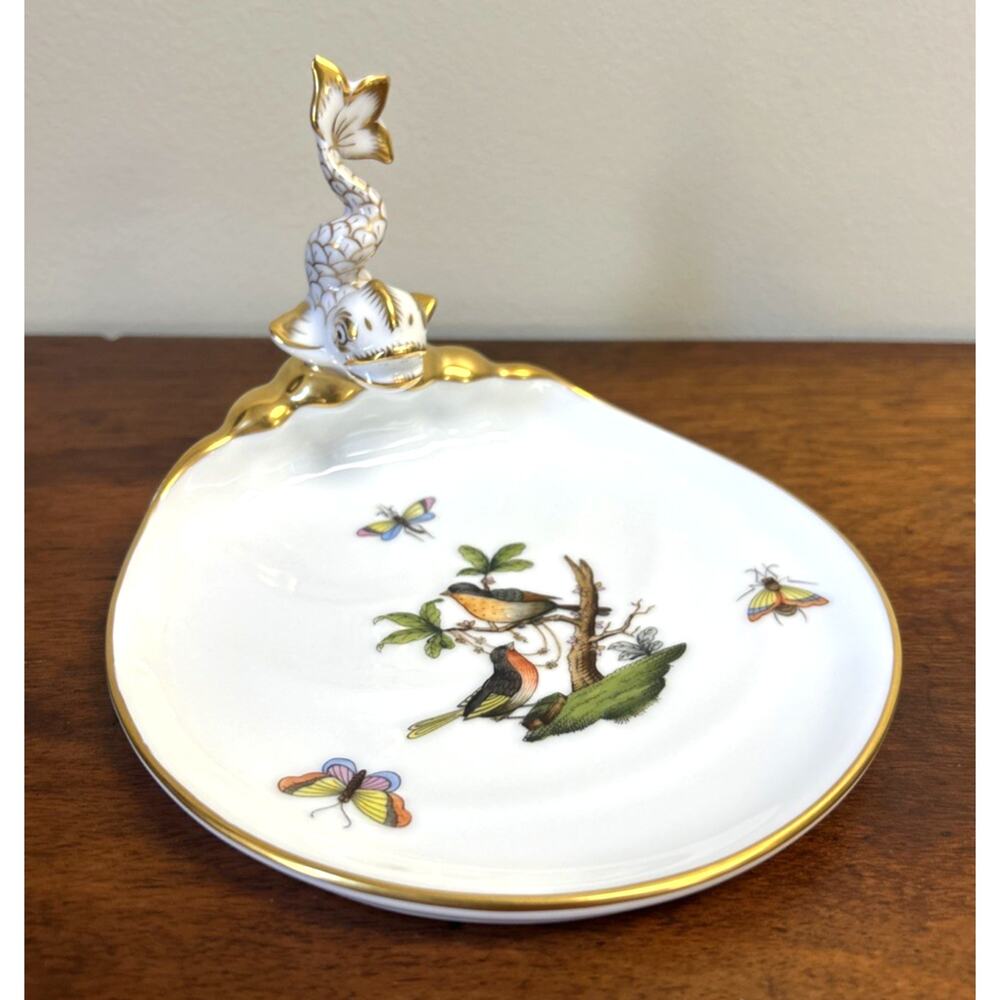Herend Hungary Rothschild Bird Porcelain Dolphin Dish Hand Painted Gold 7759 RO